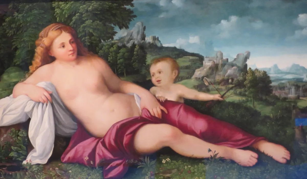 »Venus und Amor in einer Landschaft« von Palma il Vecchio, um 1515